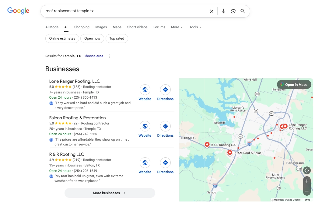 Lone Ranger Roofing Google Business Profile and website built by Digital Juice