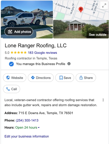 Five-star Google reviews generated for a home service contractor through Digital Juice's review system
